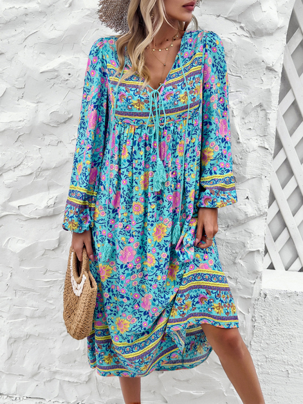 Mature Women Casual Summer Resort Printed Bohemian Long Sleeve Dress
