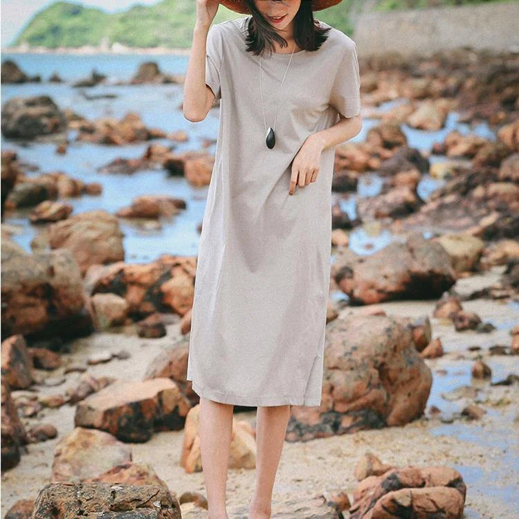 Classy khaki Cotton clothes Pakistani Sleeve o neck baggy summer Dresses