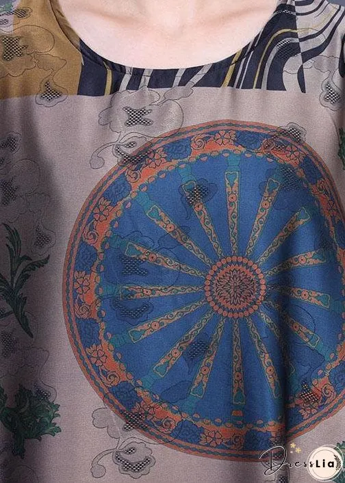 French Yellow Print Silk O-Neck Summer Long Dress