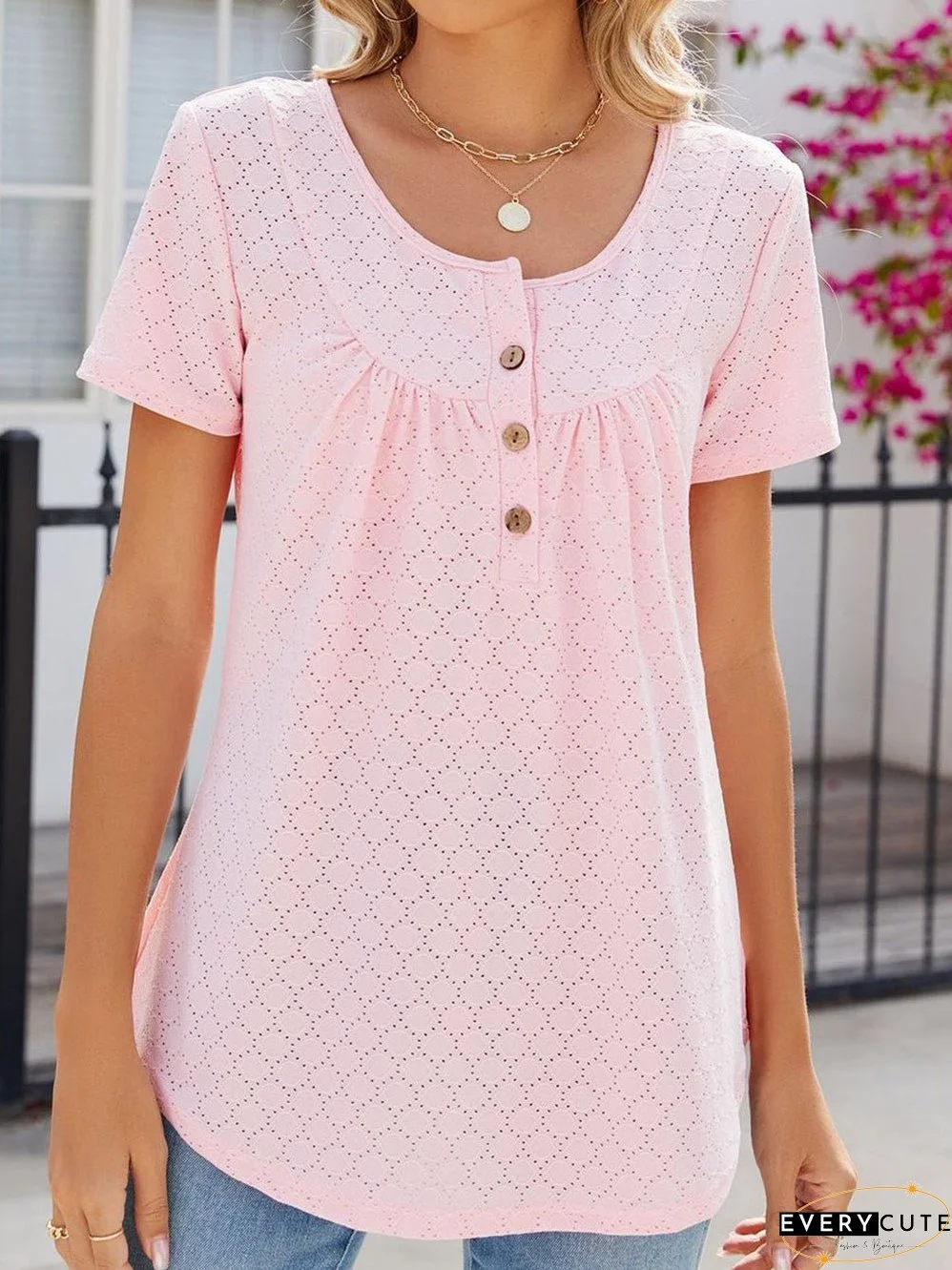 Pink Eyelet Short Sleeve Buttoned Top with Round Neck