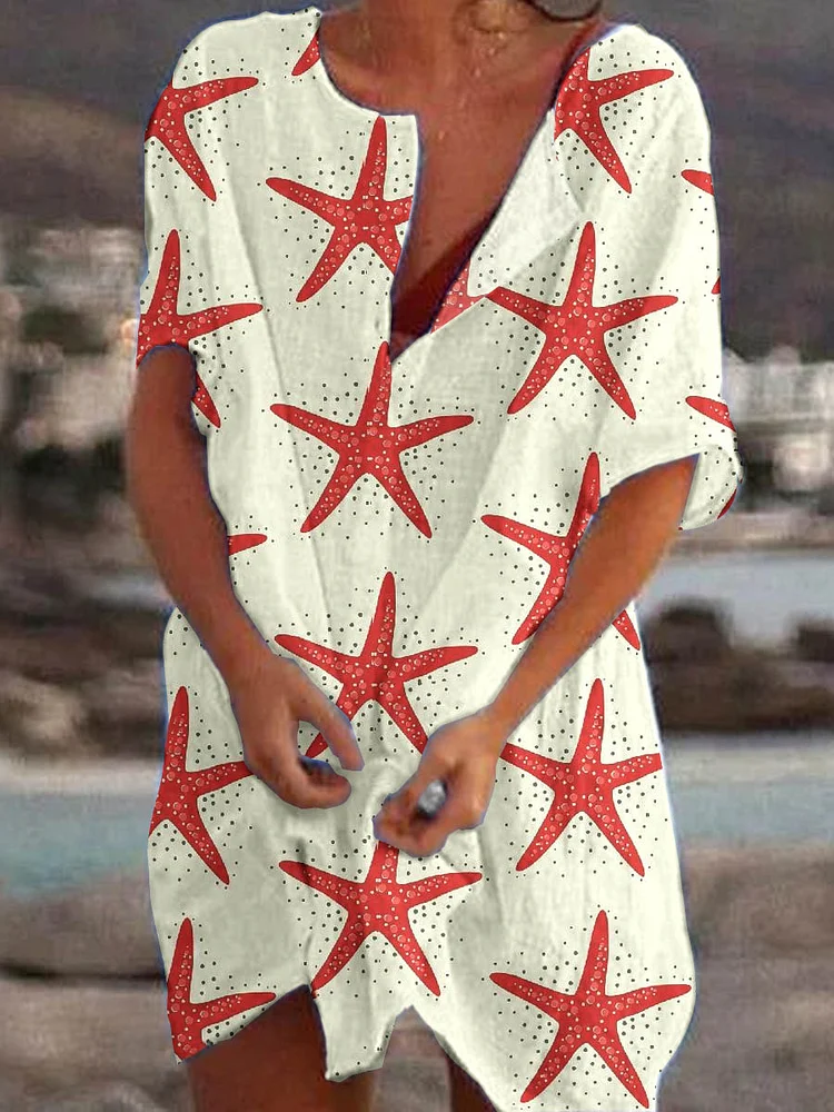 Women'S Artistic Starfish Pattern Printed Cotton And Linen Dress