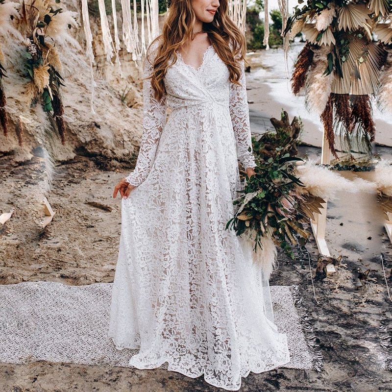 Ordifree 2022 Summer Elegant Women Long Party Dress Long Sleeve See Through White Lace Vocation Maxi Tunic Beach Dress