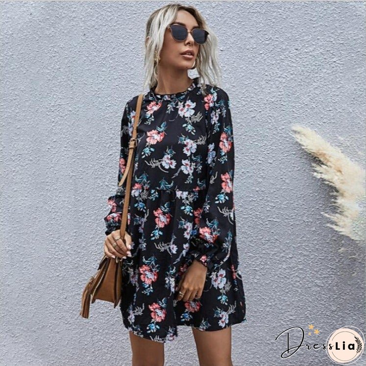 Black background small collar fashion leisure high waist A-line skirt temperament autumn and winter dress women's long sleeves