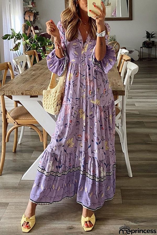 Lavender Flavor Printed Long Sleeve Button A-line Maxi Dress