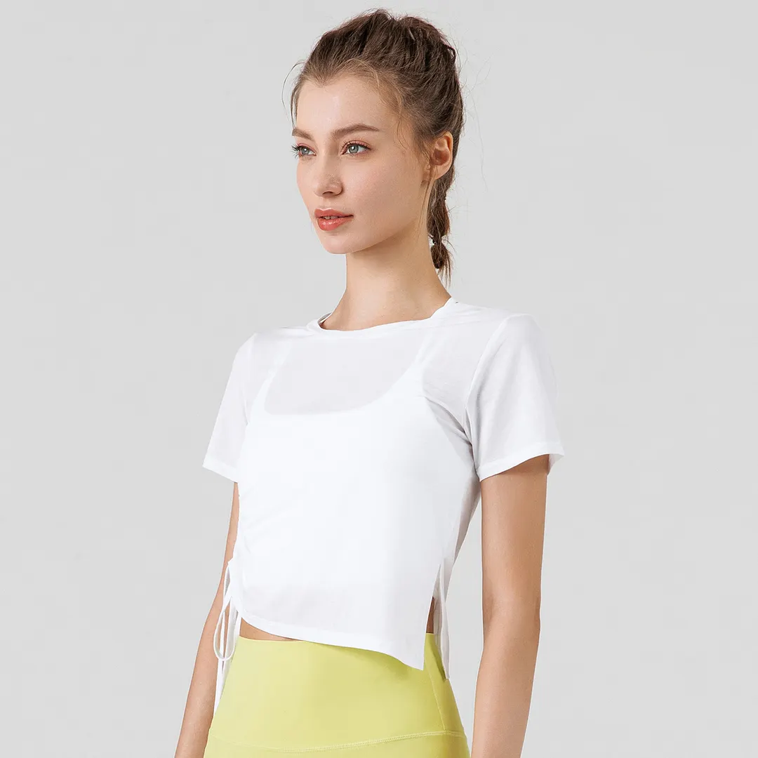 Buy Hergymclothing White soft lightweight side scrunch ruched drawstring asymmetrical design loose cool cropped top sports gym t shirts at an affordable price
