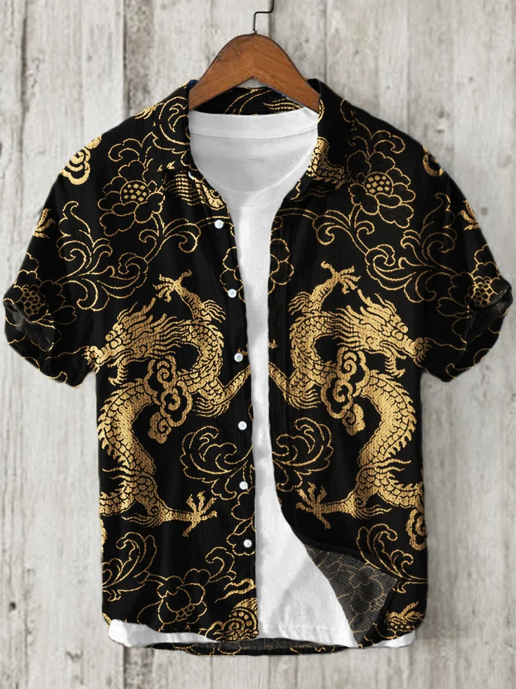 Dragons Floral Japanese Pattern Linen Blend Shirt