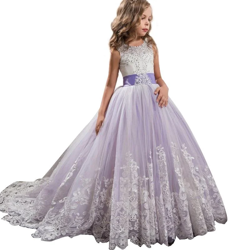 White Flower Girls Dresses For Wedding Tulle Lace Long Girl Dress Party Christmas Dress Children Princess Costume For Kids 12T