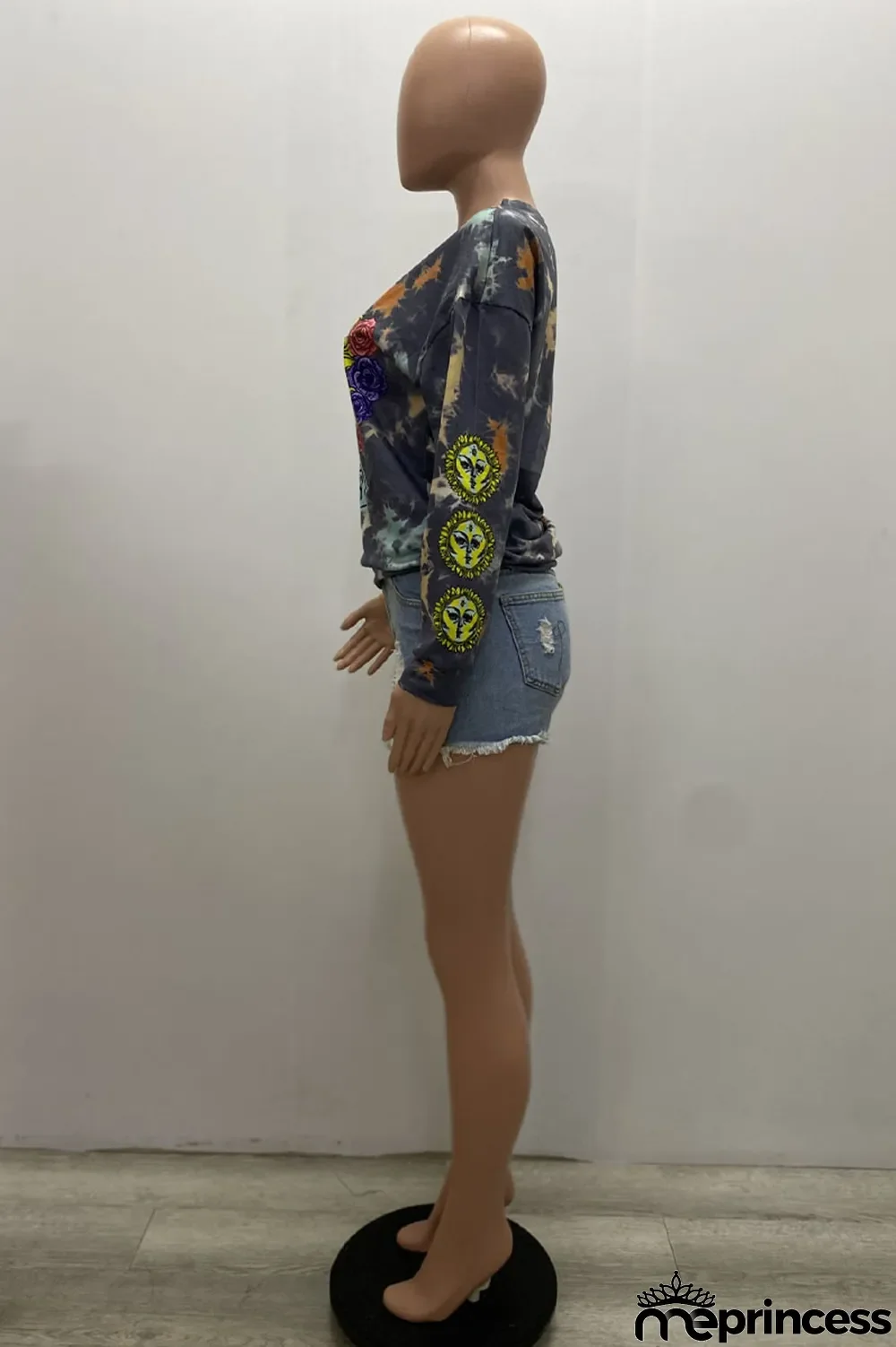 Grey Casual Blending Print Split Joint Tie-dye O Neck Tops