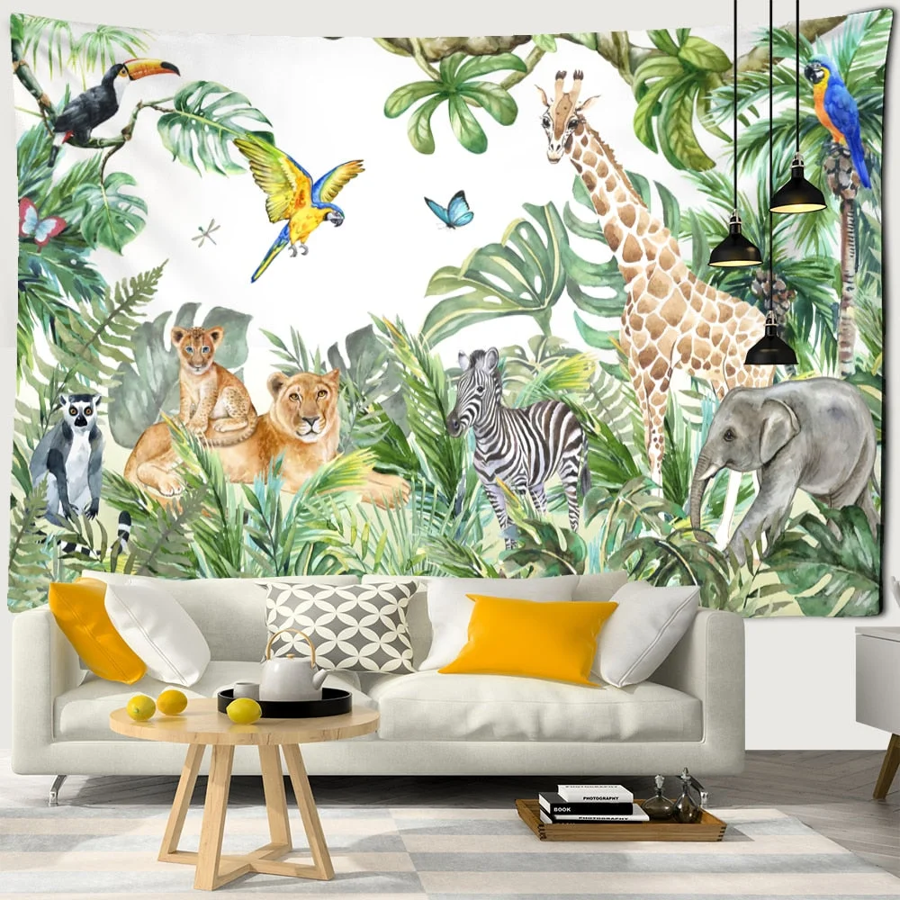 Tropical Rainforest Animal Tapestry Wall Hanging Natural Scenery Bohemian Hippie Art Mattress Table Mattress Home Decor
