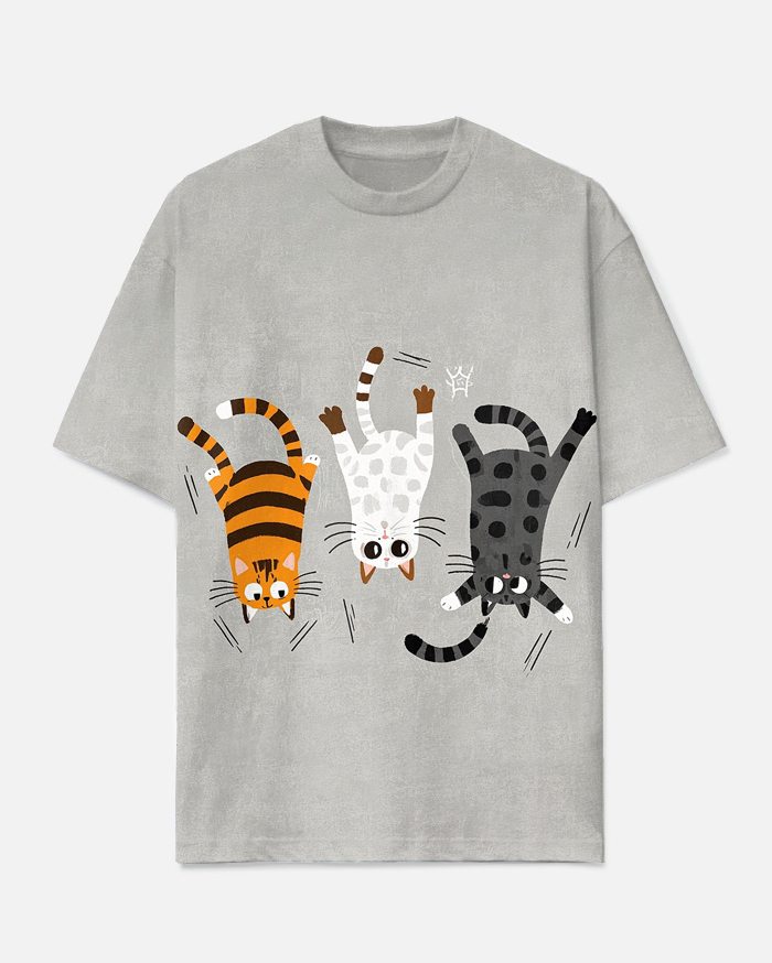Big Men's Street Fashion Three Cartoon Cats Printed Casual Short Sleeve T-shirt