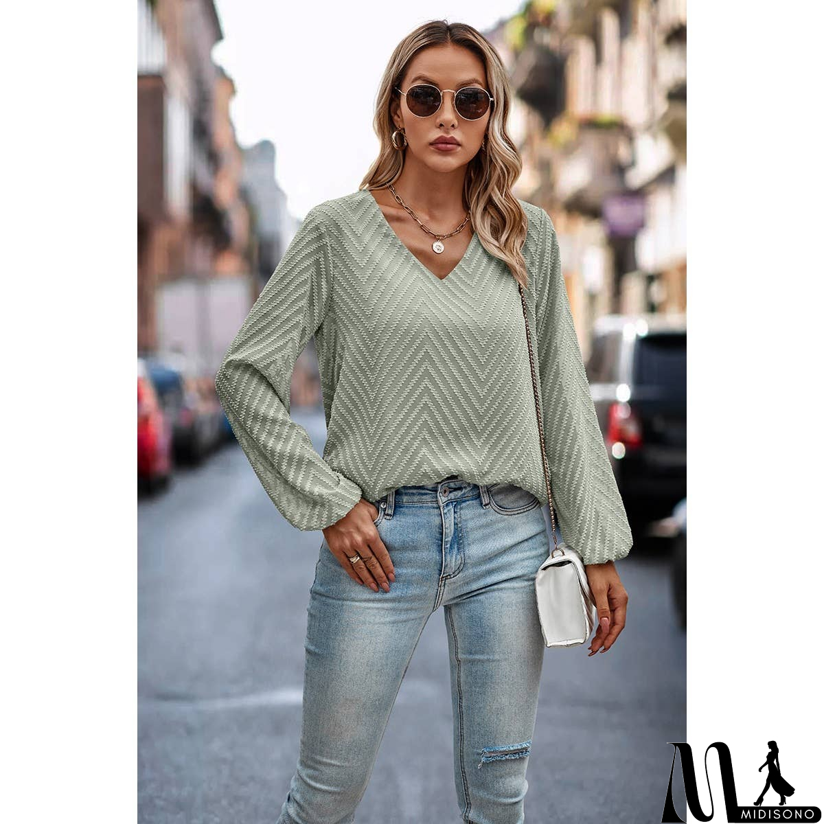 MidiSono - Chevron V Neck Long Sleeve Loose Top