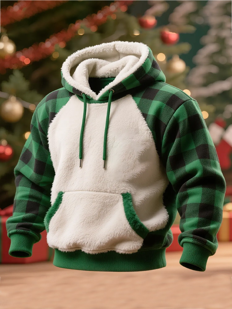 Men's Plush Stitching Christmas Plaid Warm Hoodie elevenforest