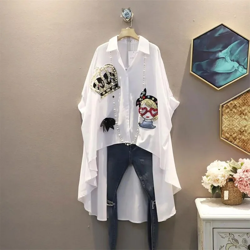 Mongw Embroidery Sequined Blouse Commute Polo-Neck Summer Short Sleeve Women's Clothing Asymmetrical Korean Irregular Shirt