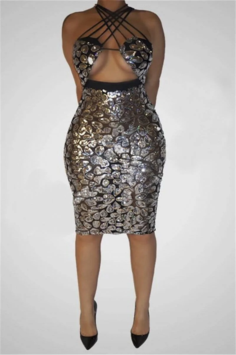Sexy Sequined Wrapped Chest Silver Dress