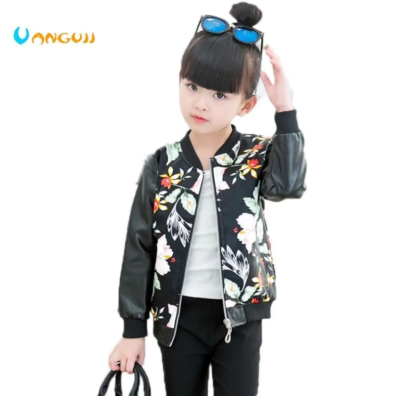 girls spring autumn jacket fashion pu Coats o-neck long sleeve printing flower Camouflage girls outwear girls clothes 3-9