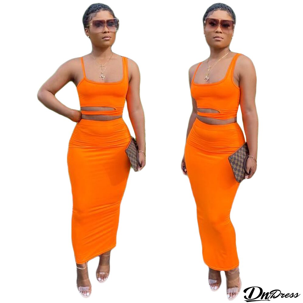 Women's Solid Color Cutout Casual Home Style Skirt Set Two Piece