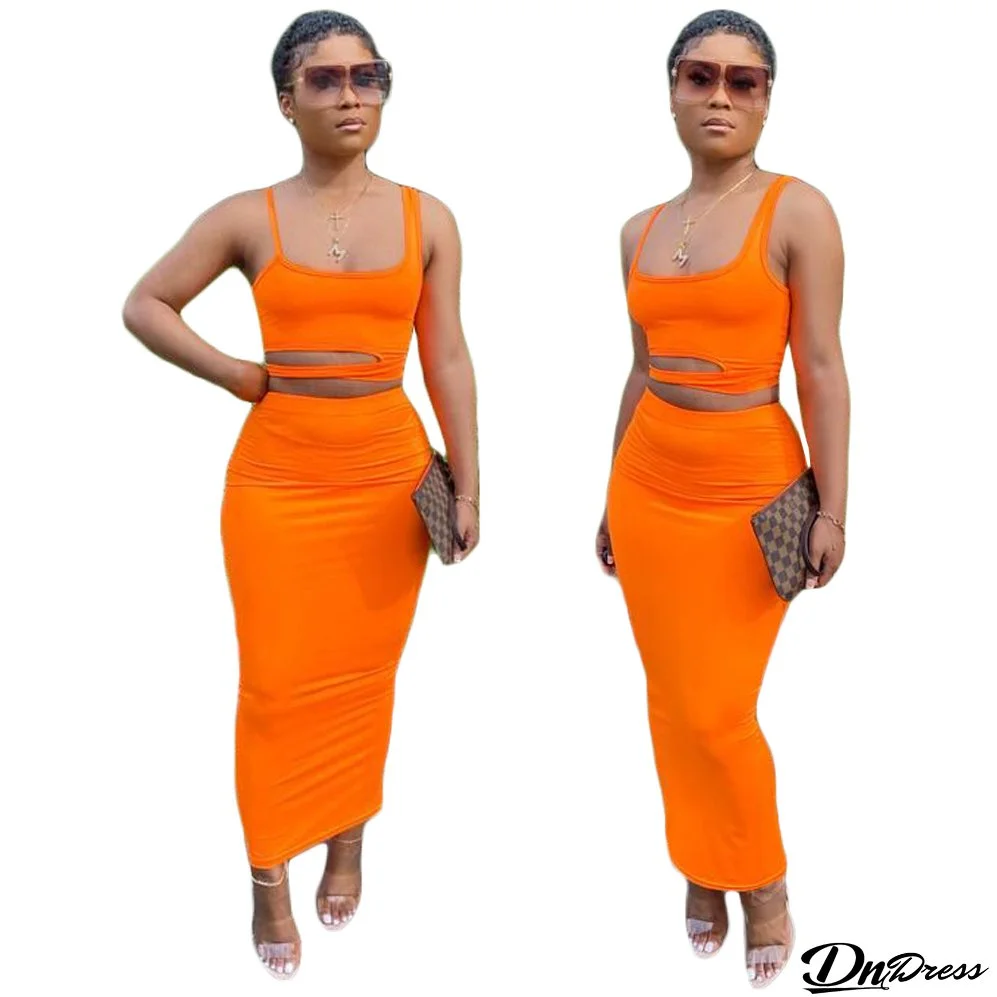 Women's Solid Color Cutout Casual Home Style Skirt Set Two Piece