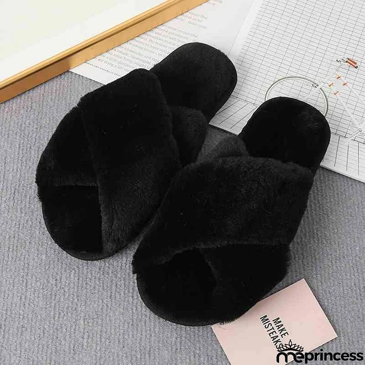 Faux Fur Crisscross Strap Slippers