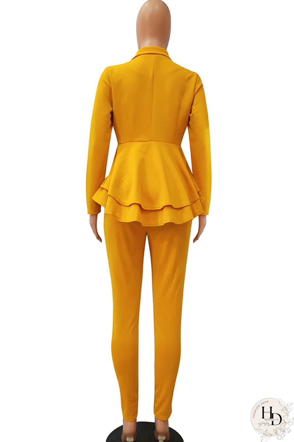 Black Casual Two Piece Suits Patchwork ruffle Solid pencil Long Sleeve