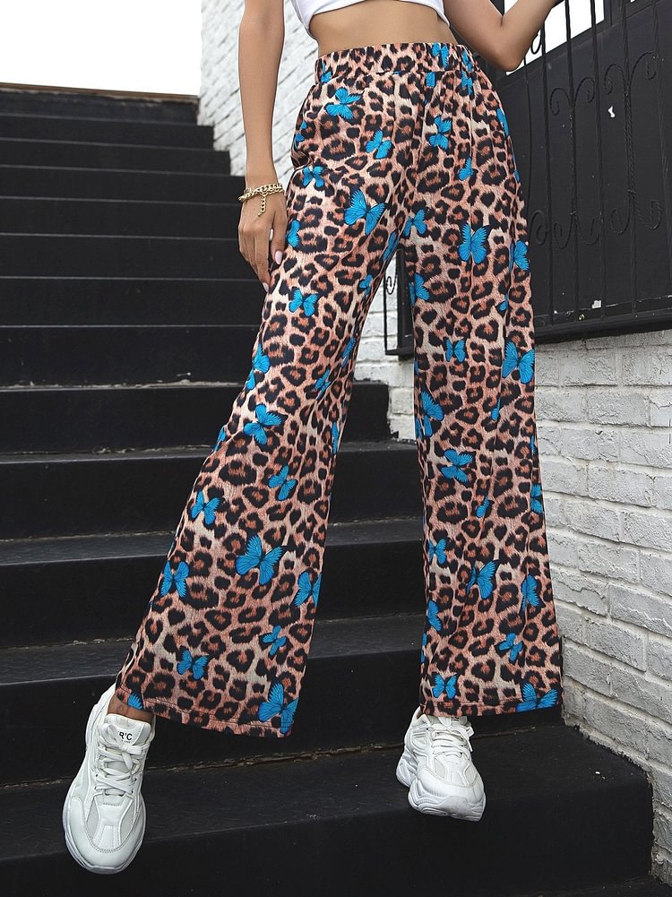 Leopard&blue butterfly women printed straight pants