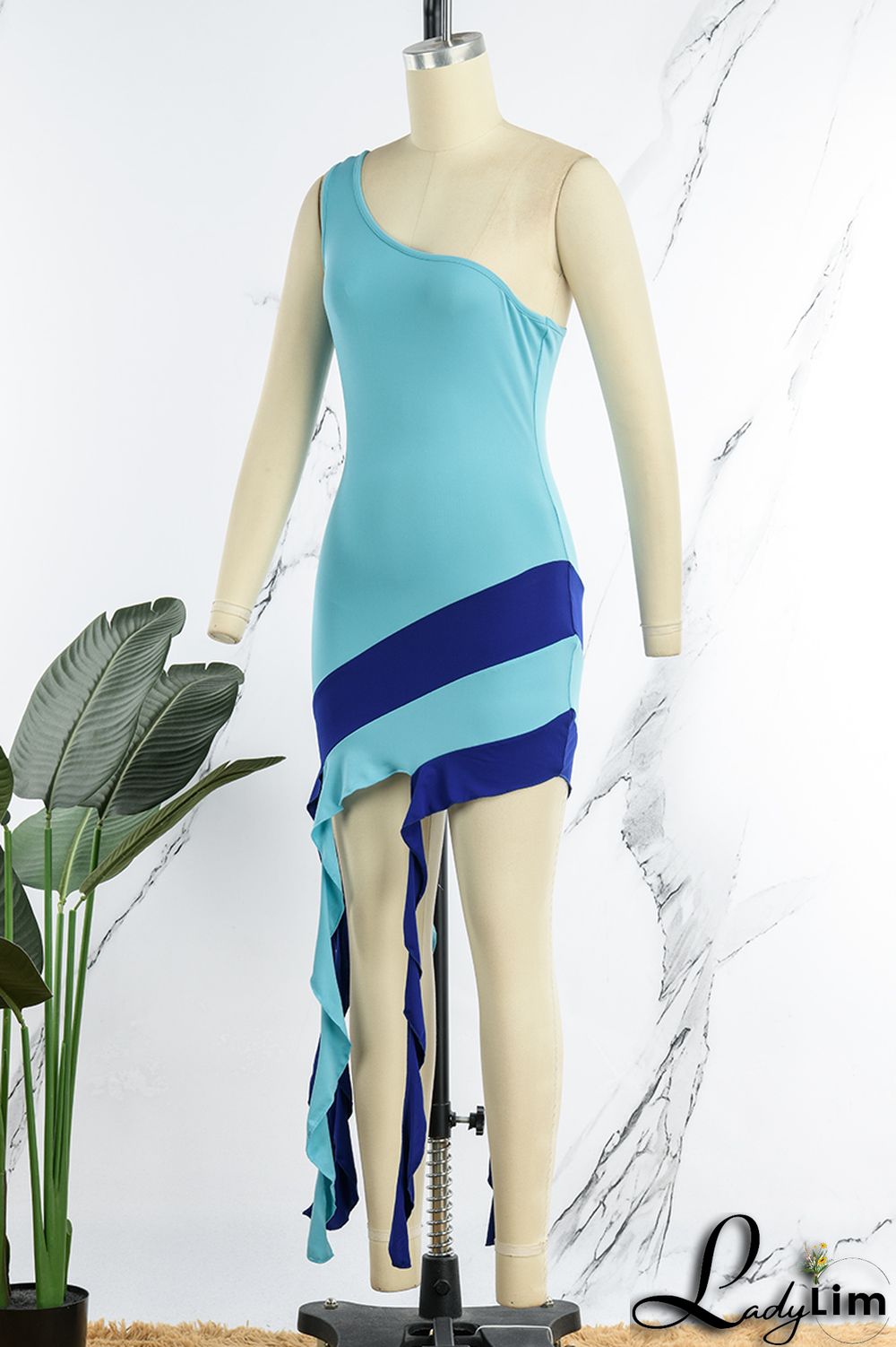 Yellow Sexy Patchwork Backless Contrast One Shoulder Sleeveless Dress Dresses