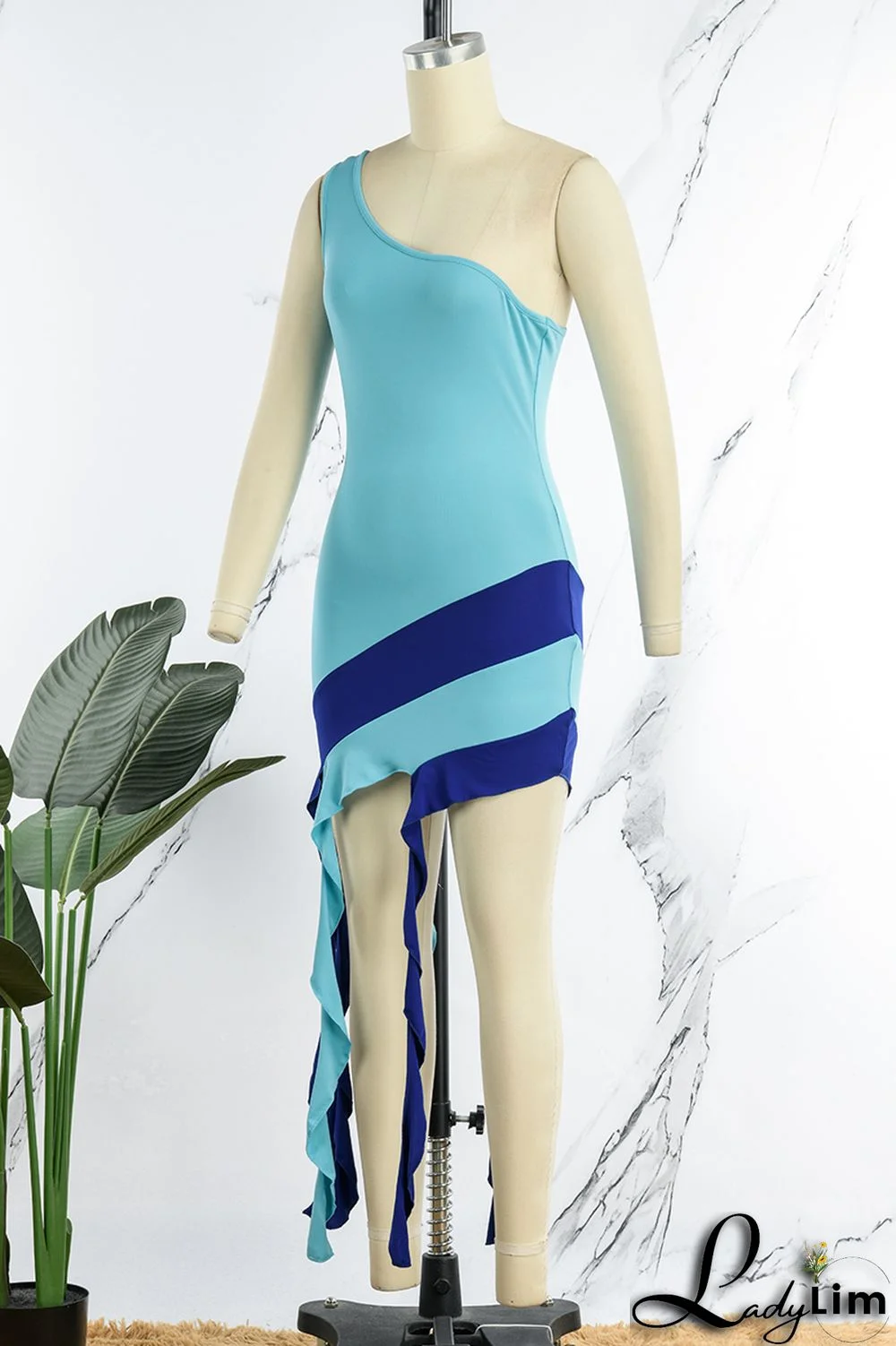 Yellow Sexy Patchwork Backless Contrast One Shoulder Sleeveless Dress Dresses