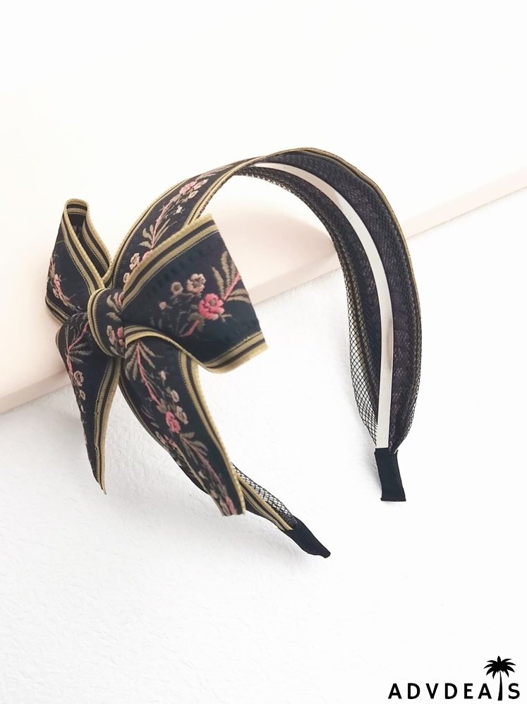 Flower Embroidered Bow Decor Headband