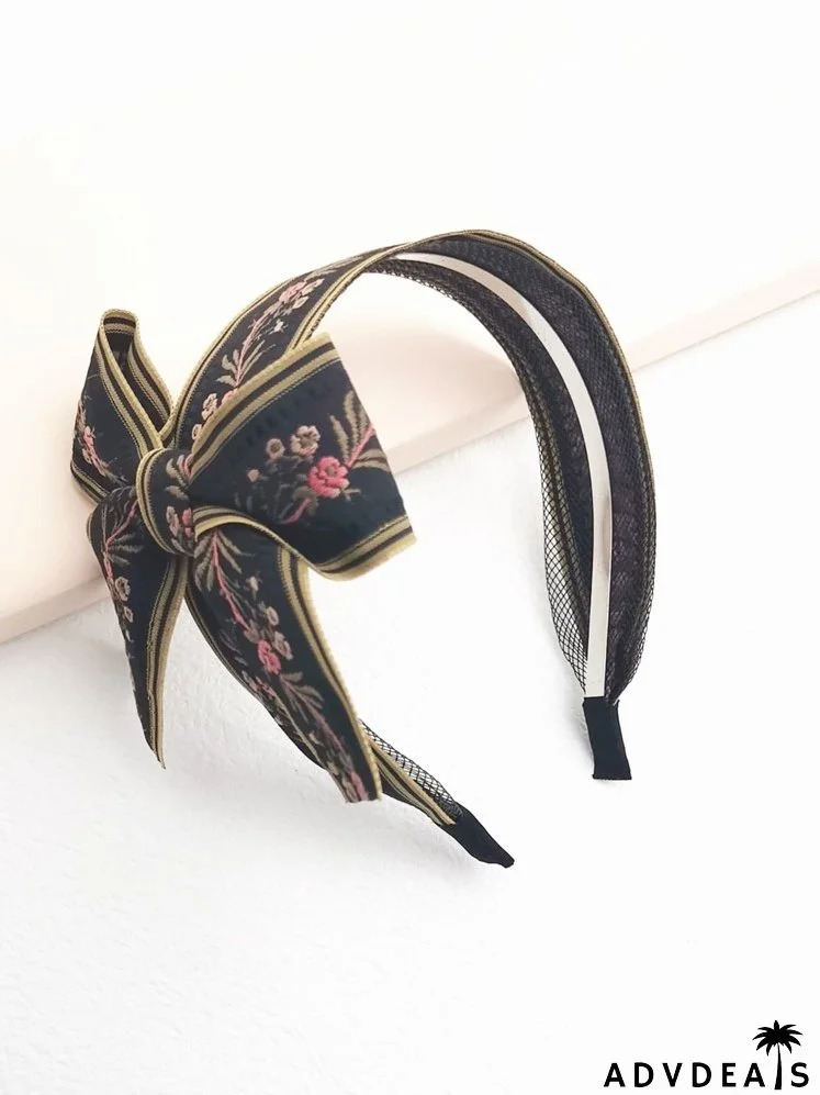 Flower Embroidered Bow Decor Headband