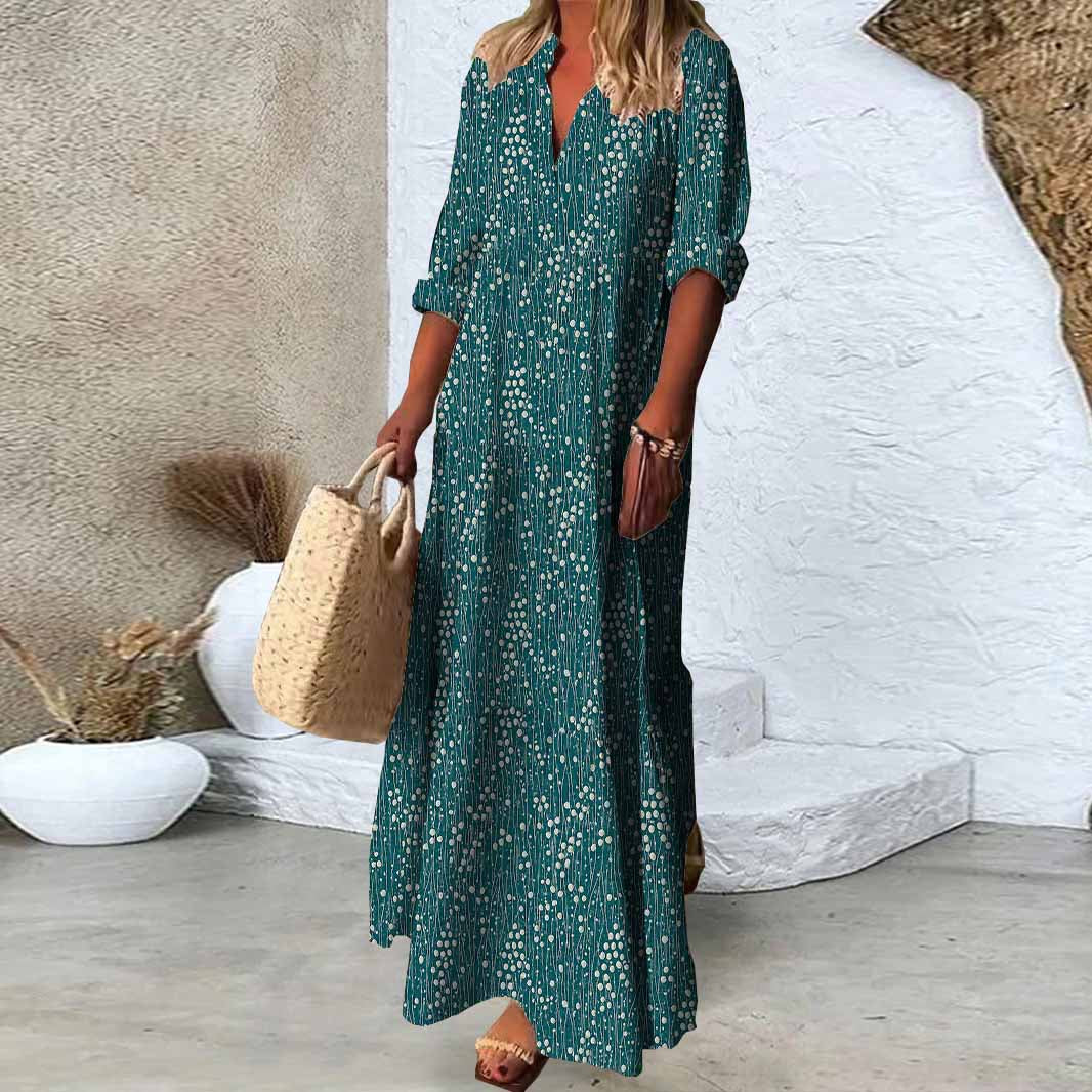 Women Floral, Green, White DZDN0828 SPU Printed Long Sleeve V-neck Maxi Dress
