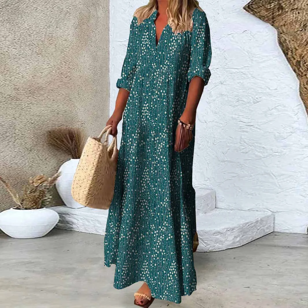 Women Floral, Green, White DZDN0828 SPU Printed Long Sleeve V-neck Maxi Dress