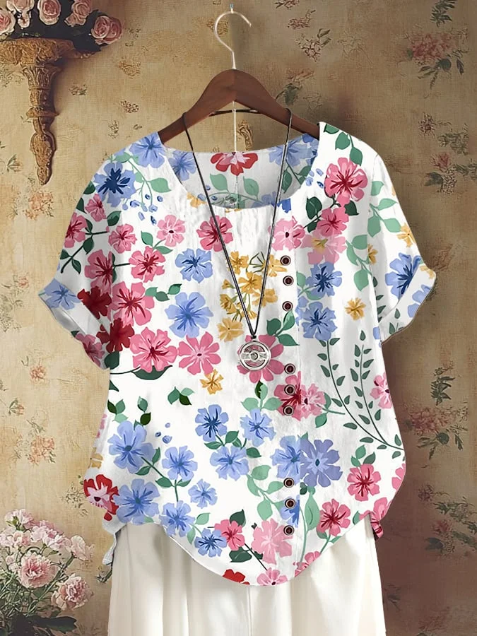 Women's Casual Cotton And Linen Floral Short-Sleeved Round Neck Shirt 