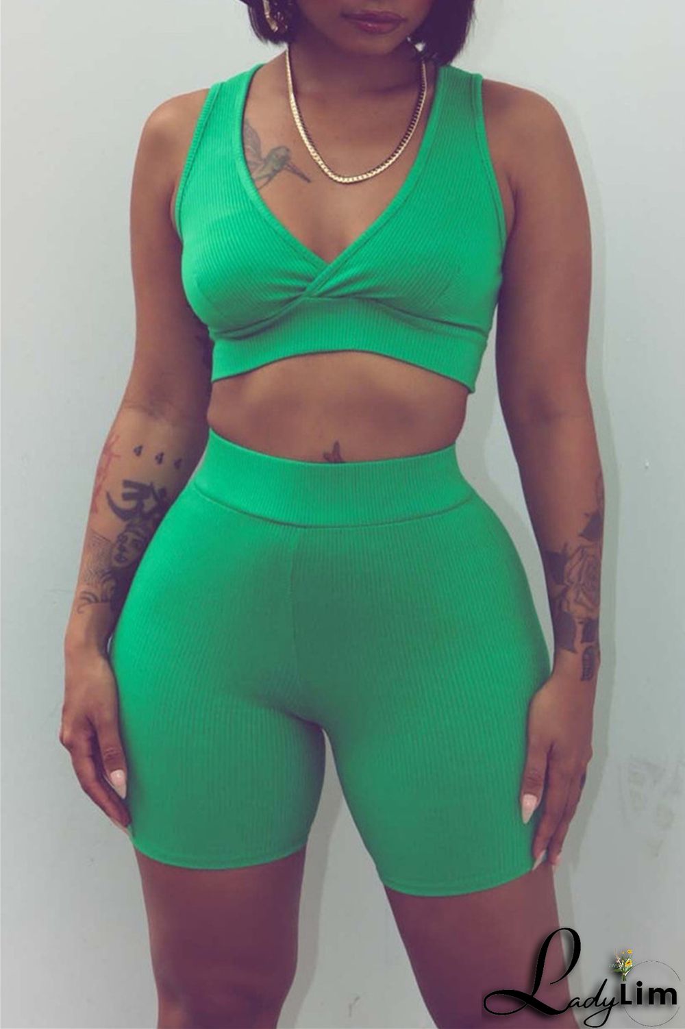 Blue Fashion Casual Sportswear Solid Patchwork V Neck Sleeveless Two Pieces