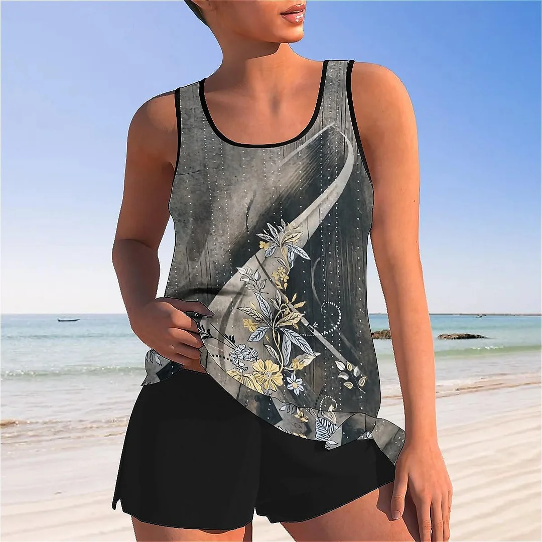 Bowknot Floral,Black,Golden Mid Waisted Tankini Set - Plus Size Available