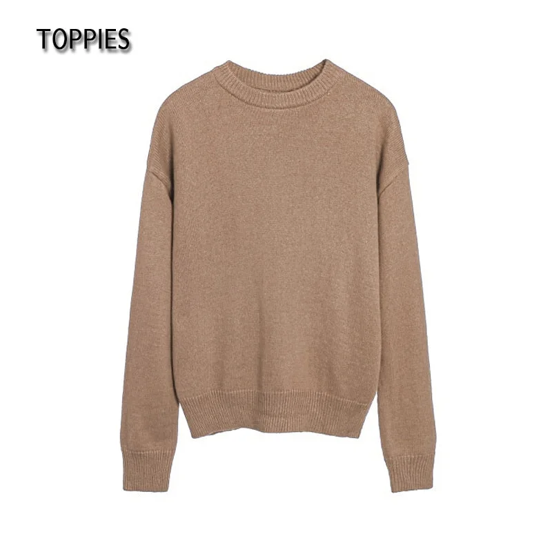 Toppies 2021 Autumn Winter 15% Wool Sweater Solid Green Round Neck Sweater Soft Warm Knitted Tops