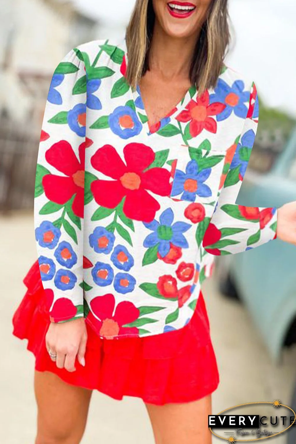 White Floral Print V Neck Long Sleeve Blouse