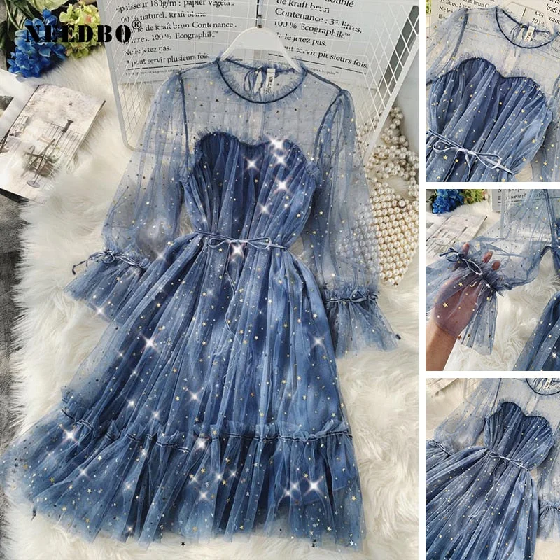 NEEDBO Sexy Dress Vestidos Star Sequined Mesh Shiny Fairy Dress Women Elegant Bling Gauze Princess Loose A-line Puff Dresses Rob