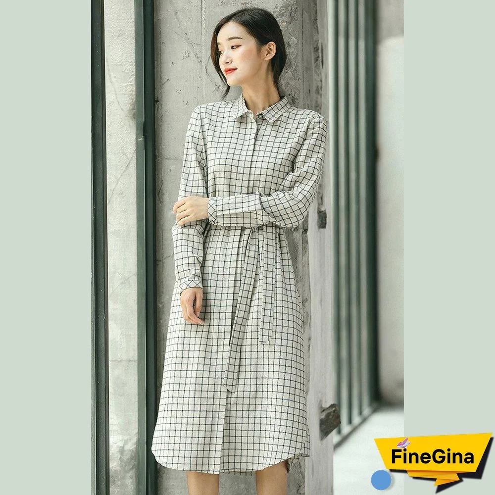 2018 Plaid fall casual linen dress baggy turn-down Collar linen dress