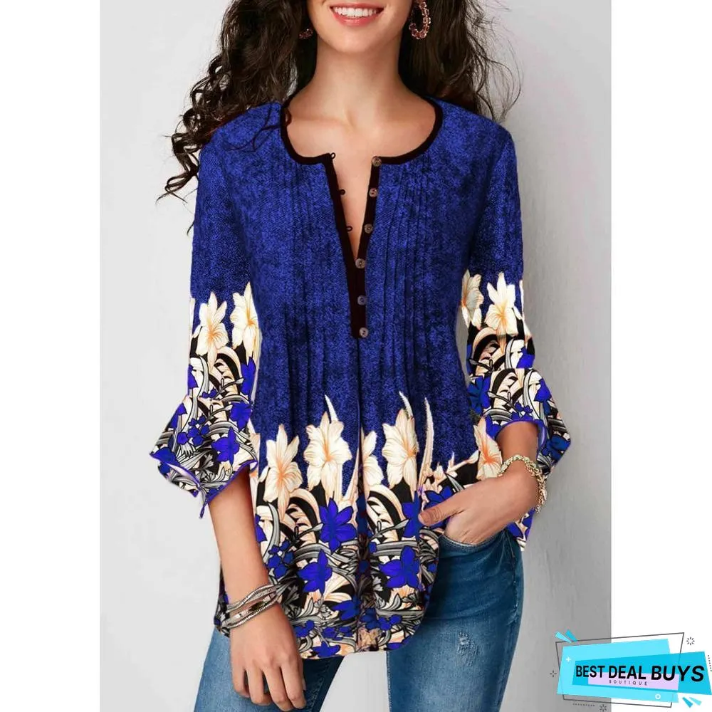 Women Plus Size Three Quarter Sleeve Floral Print Causal Loose Tunic Blouse Shirts