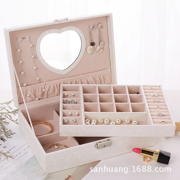 Funfloo 2025 New Design Pu Leather Jewelry Box Double-layer Wooden Frame Princess Jewelry Storage Box Cosmetic Box Highly  Recommend Jewelry Boxes