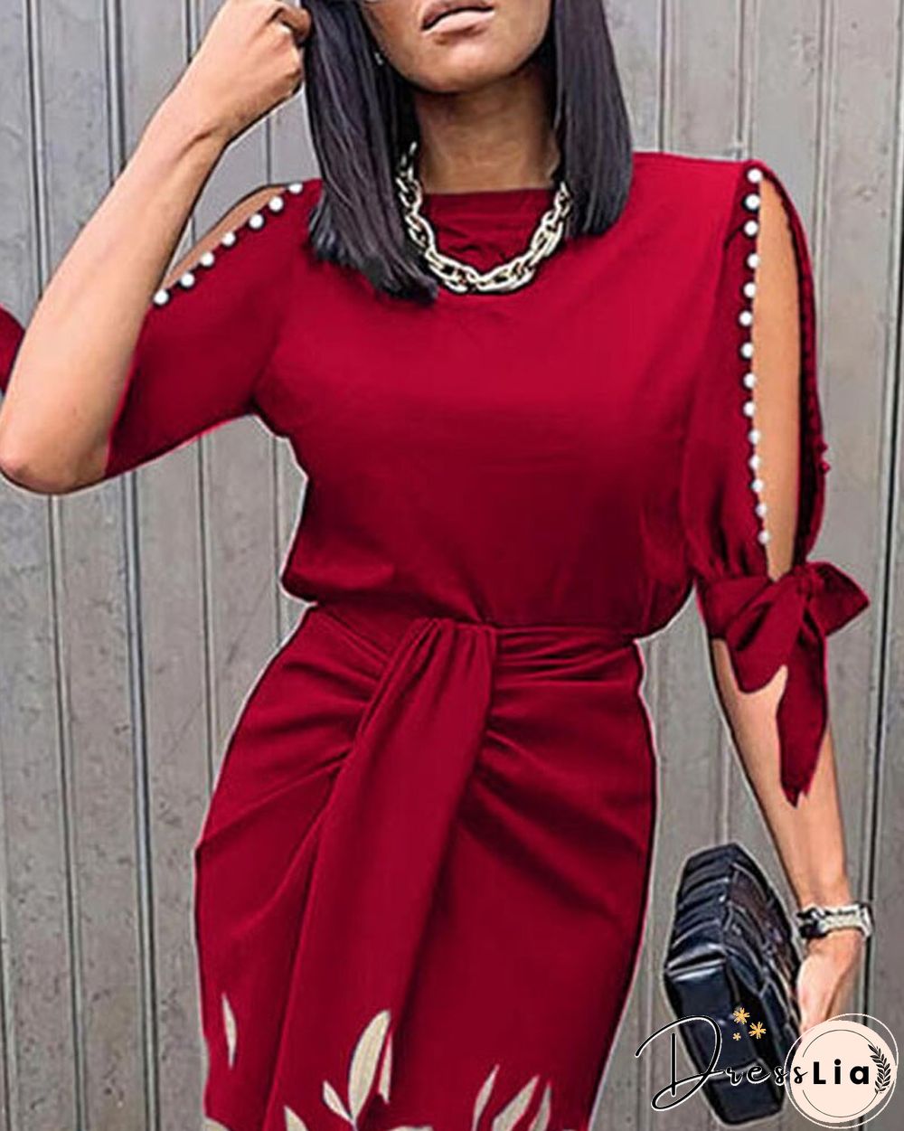 Leaf Print Pearls Decor Knotted Work Dress