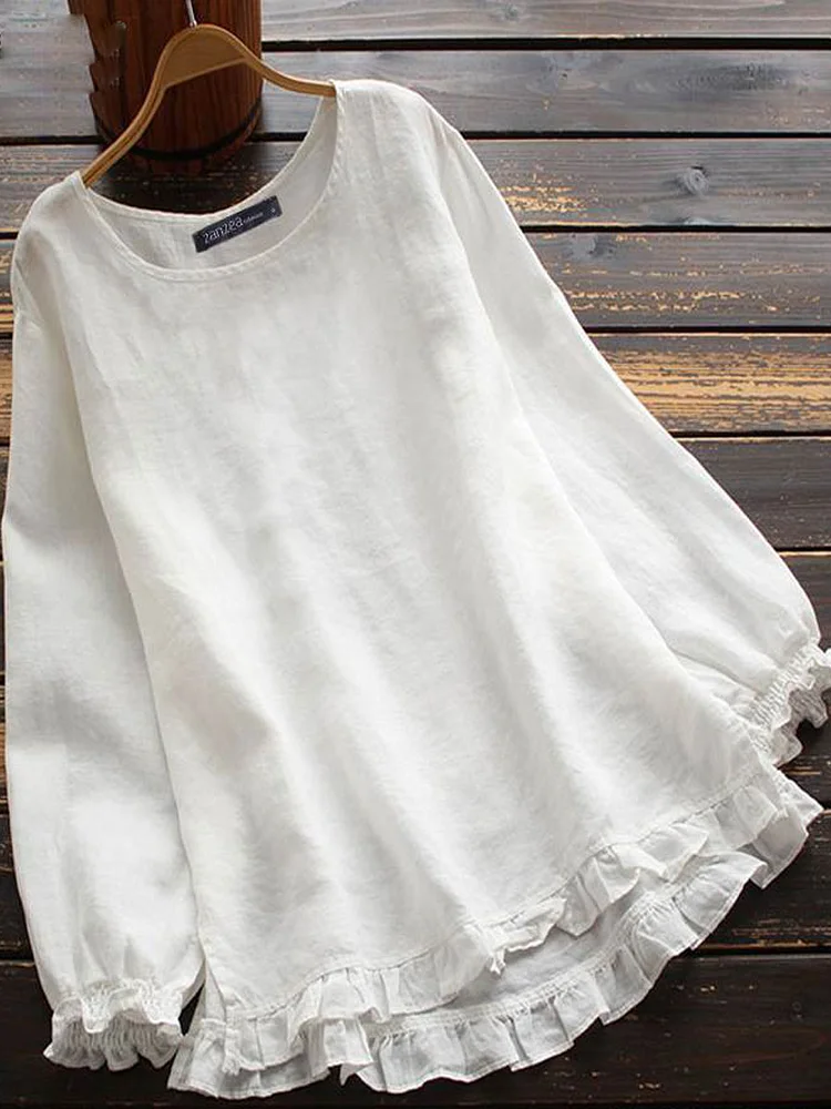 Round Neck Solid Color Loose Casual Long-sleeved Blouse