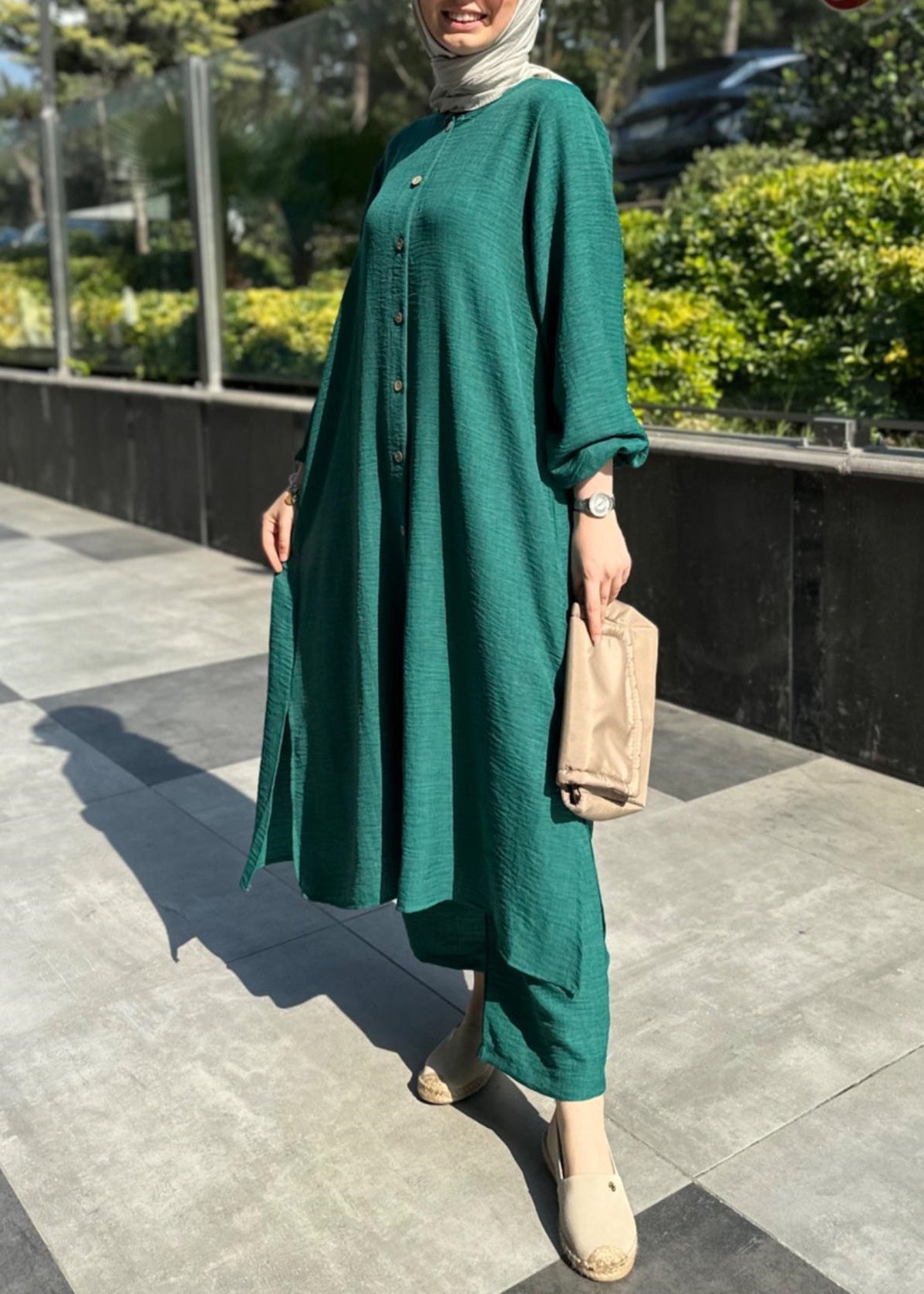 VCSHOES Loose Blackish Green O Neck Button Cotton Two Pieces Set Spring