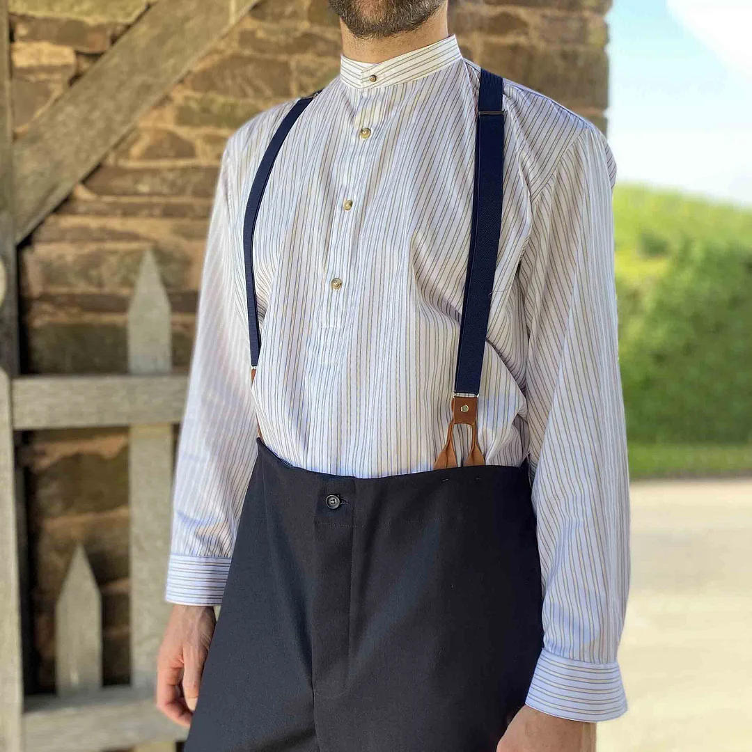 Collarless Shirt Vintage Stripe Long Sleeve Daily Tops White-inspireuse