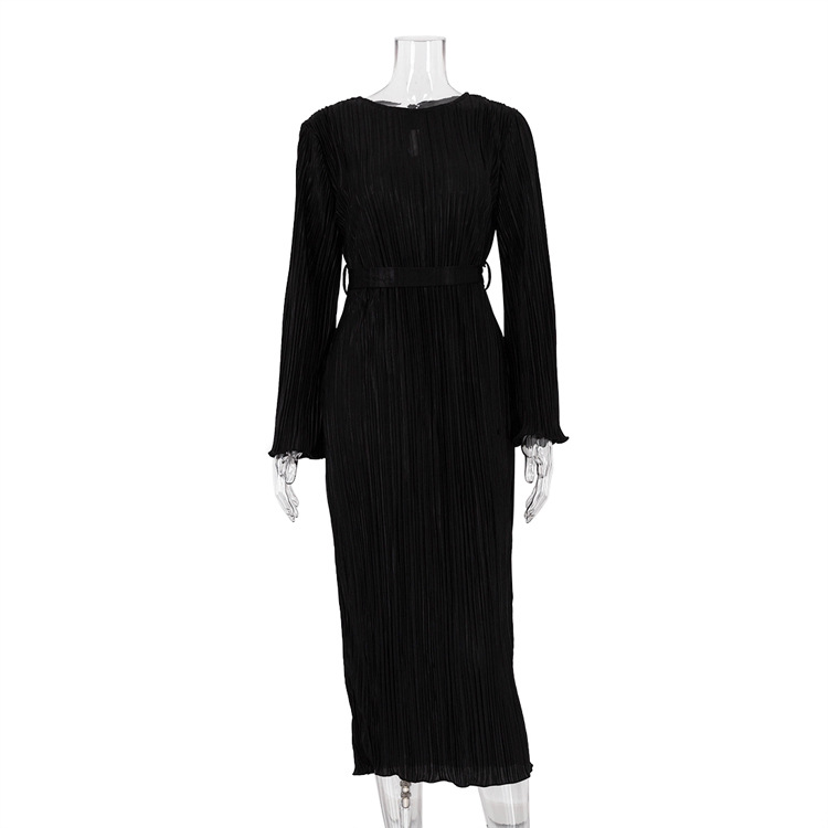 Ootddress Fashion Ruffled Lace-Up Long Dress Women Slim Long Sleeve Striped Pleated Party Dress Autumn 2025 Solid Gown Female Dress