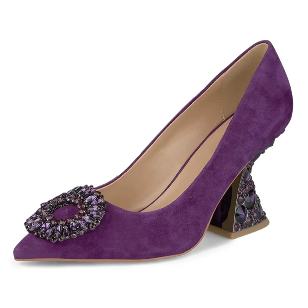 Faux Suede Purple Rhinestone Embellished Elegant Pumps for Ladies