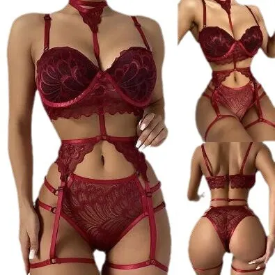 Churchf Sex Lingerie Sexy Garter Neck Lace Three-Point Underwear Set Temptation Direct Selling
