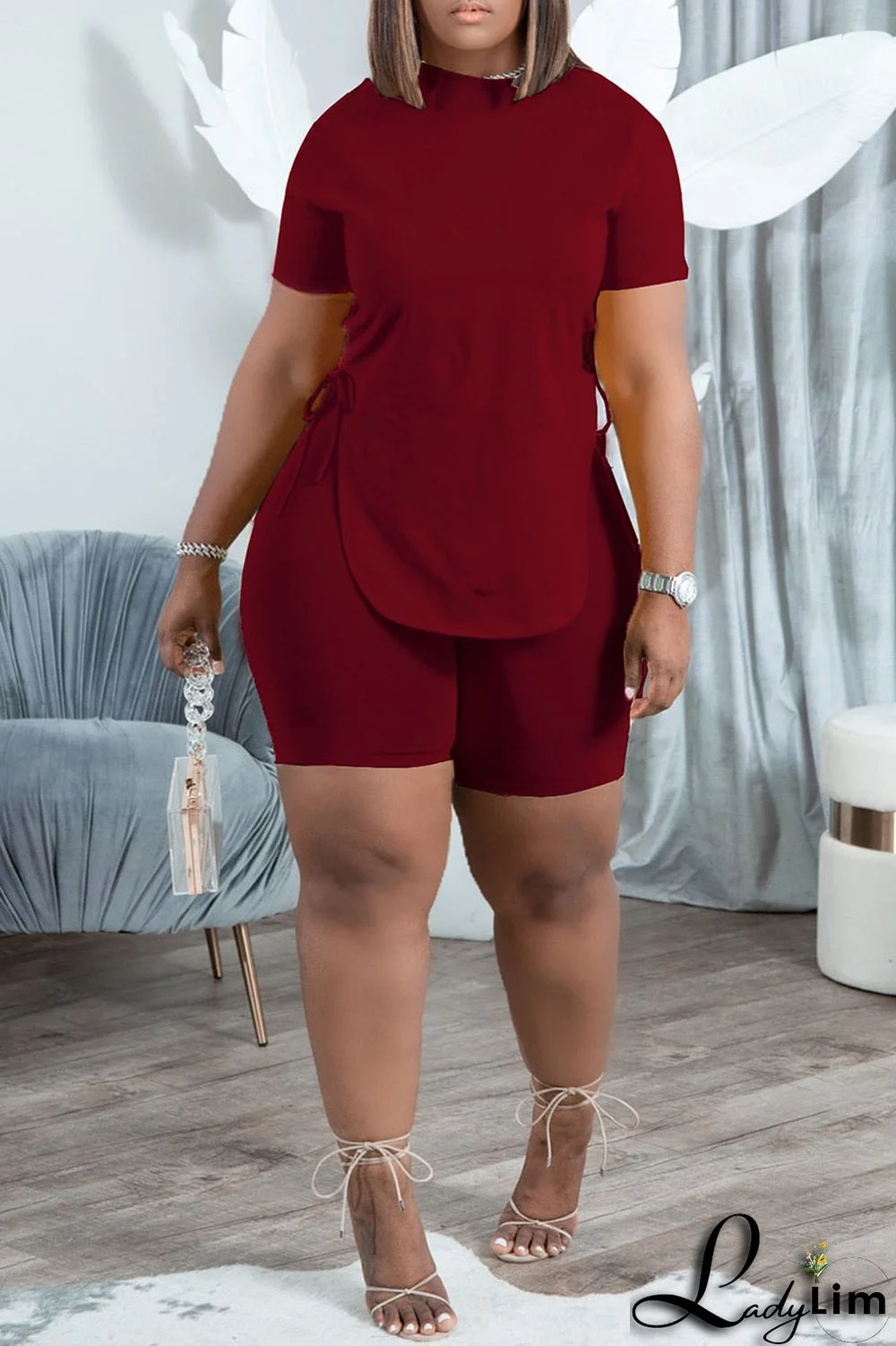 Burgundy Casual Solid Split Joint Frenulum Asymmetrical O Neck Short Sleeve Two Pieces