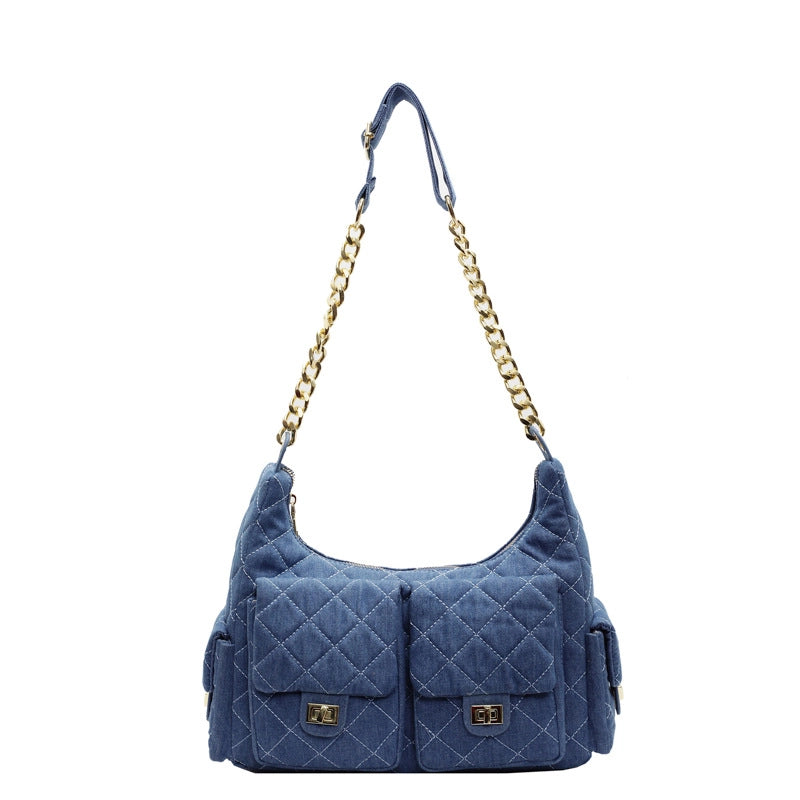 Women’s Denim Solid Color Lingge Classic Style Sewing Thread Dumpling Shape Zipper Crossbody Bag