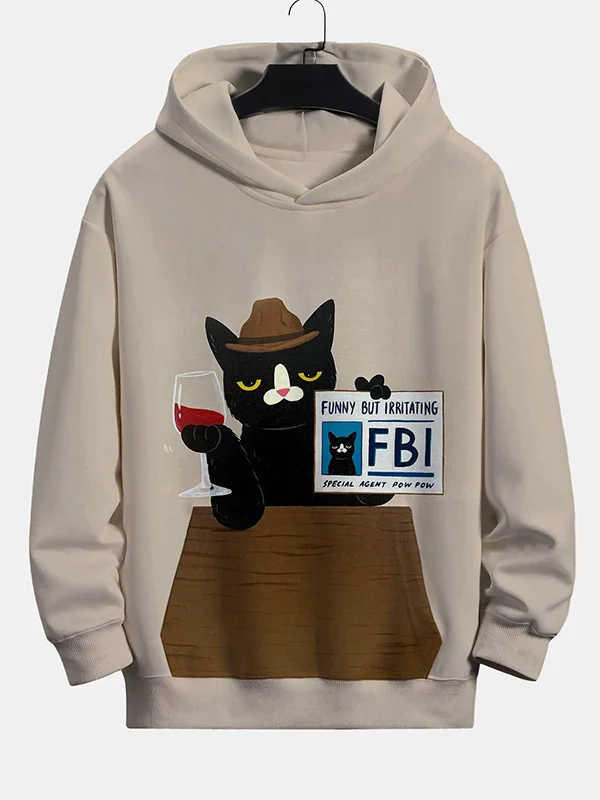 Men's Black Cat FBI Funny But Irritating Special Agent Pow Art Print Hooded Sweatshirt