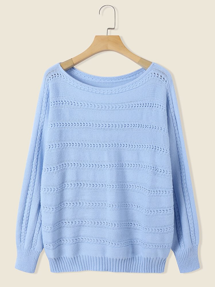 Pointelle Knit Solid Loose Long Sleeve Crew Neck Sweater